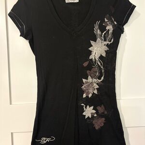 Ed Hardy V-Neck Women's Tee with Floral Design